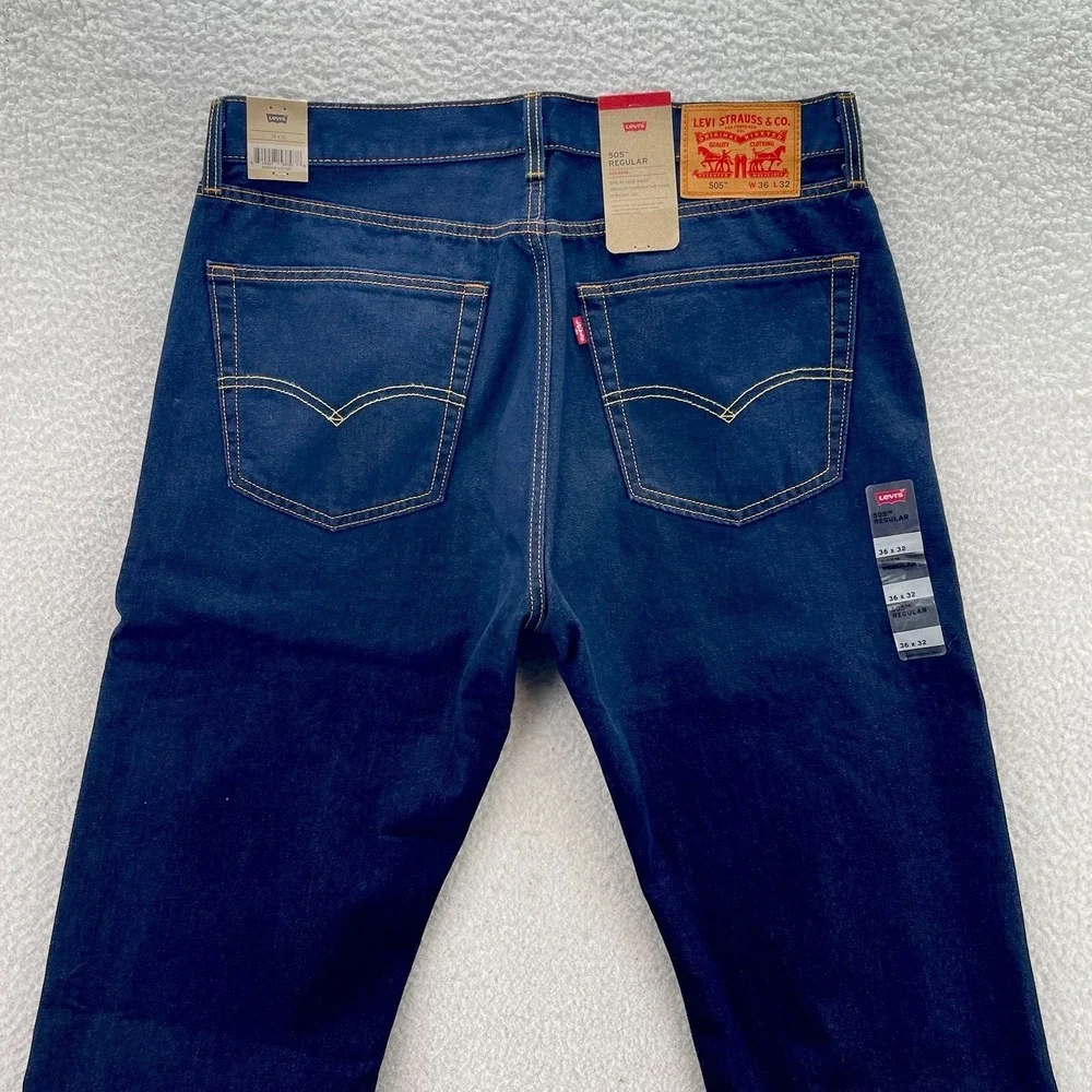 Levis  505 Jeans Mens 36x32 Blue Regular Straight Dark Wash Denim Cowboy NEW